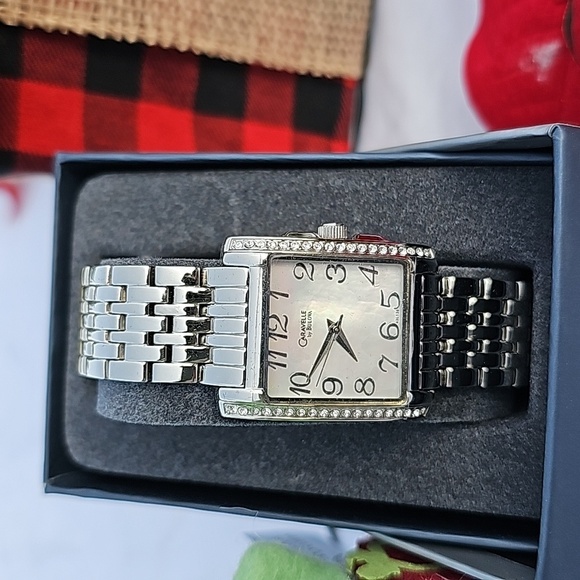 NWT 28MM CARAVELLE by BULOVA CRYSTAL MOTHER OF PEARL SQUARE WATCH - Picture 1 of 3